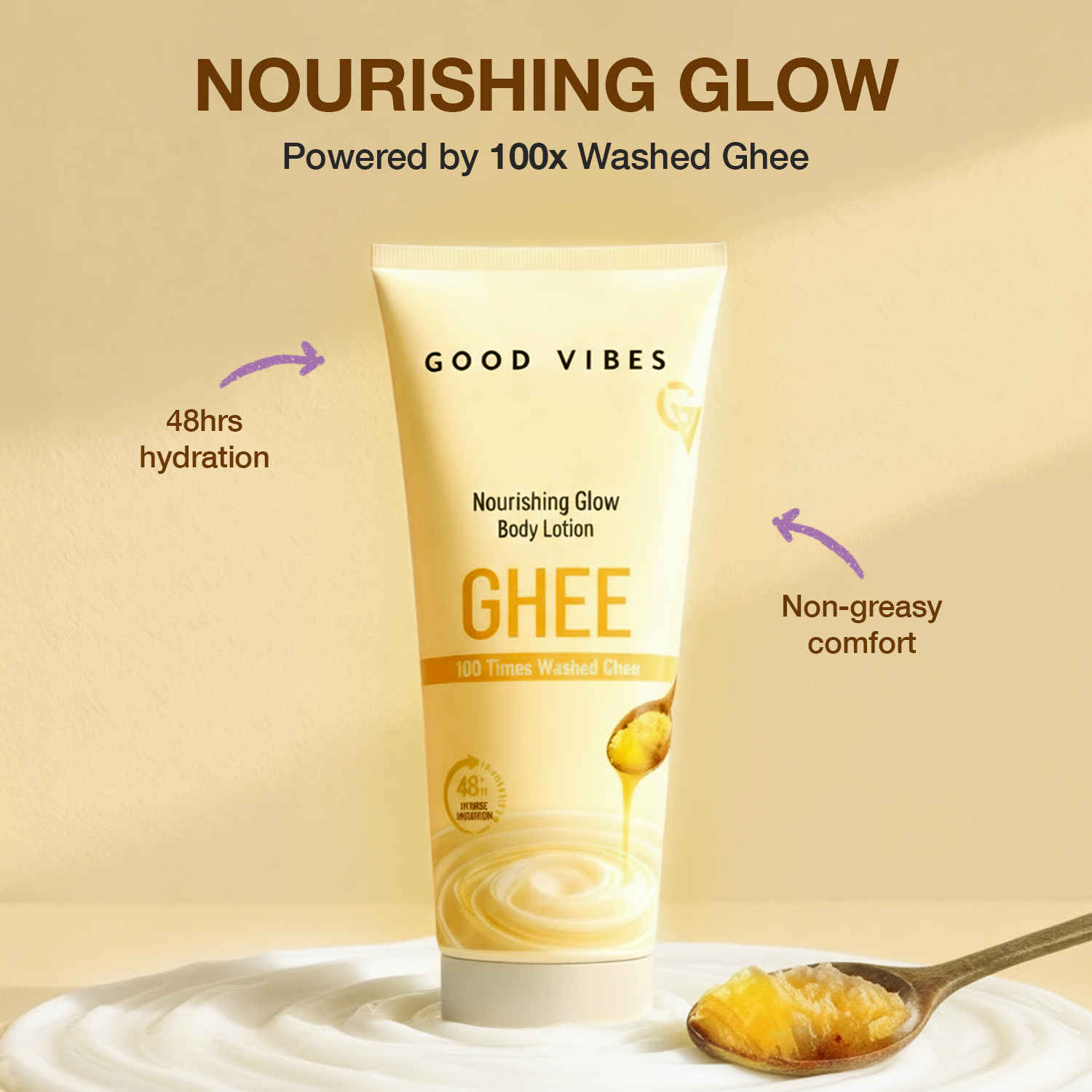 Buy Good Vibes Nourishing Glow Body Lotion with 100× Washed Ghee | 48H Deep Hydration| Intense Hydration | Non-Greasy Moisture | Repairs Dry & Rough Skin | With Vitamin E | Soothes & Softens Skin | Daily Body Care- 200 ml - Purplle