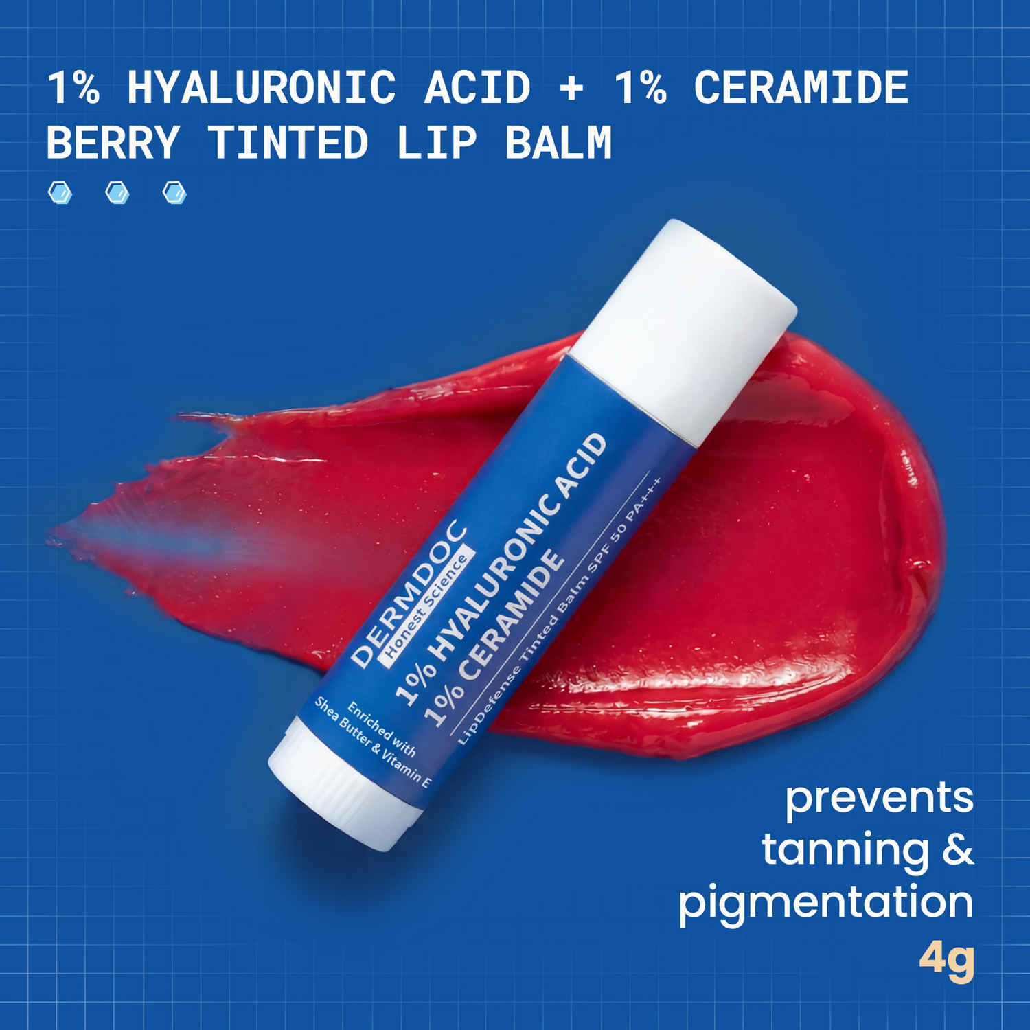 Buy DermDoc 1% Hyaluronic Acid + 1% Ceramide Berry Tinted Lip Balm SPF 50 PA+++ 4 gm| Hydrates, Repairs & Protects Lips | UV Defense + 4 Hr Water Resistance | High Tint Coverage | Deep Moisturization | Sun Protection| Enriched with Shea Butter & Vitamin E - Purplle