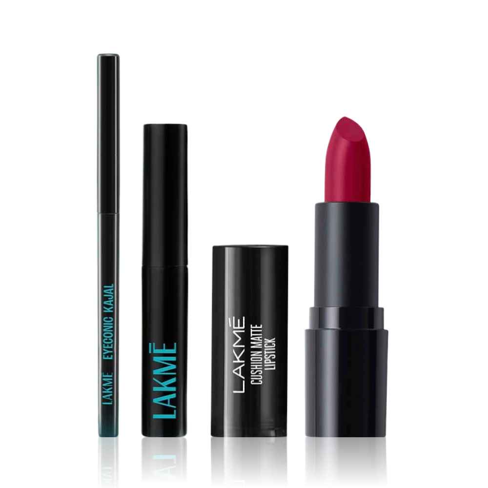 Buy Lakme Makeup Trio (Forever Matte Lipstick Made With French Rose Oil Extracts Red Aurora (4.5 gm) + Eyeconic Kajal Deep Black (0.35 gm) + 9 to 5 Eyeconic Liquid Eyeliner | Smudgeproof |Waterproof |Black |(4.5 ml)) Combo of 3 - Purplle