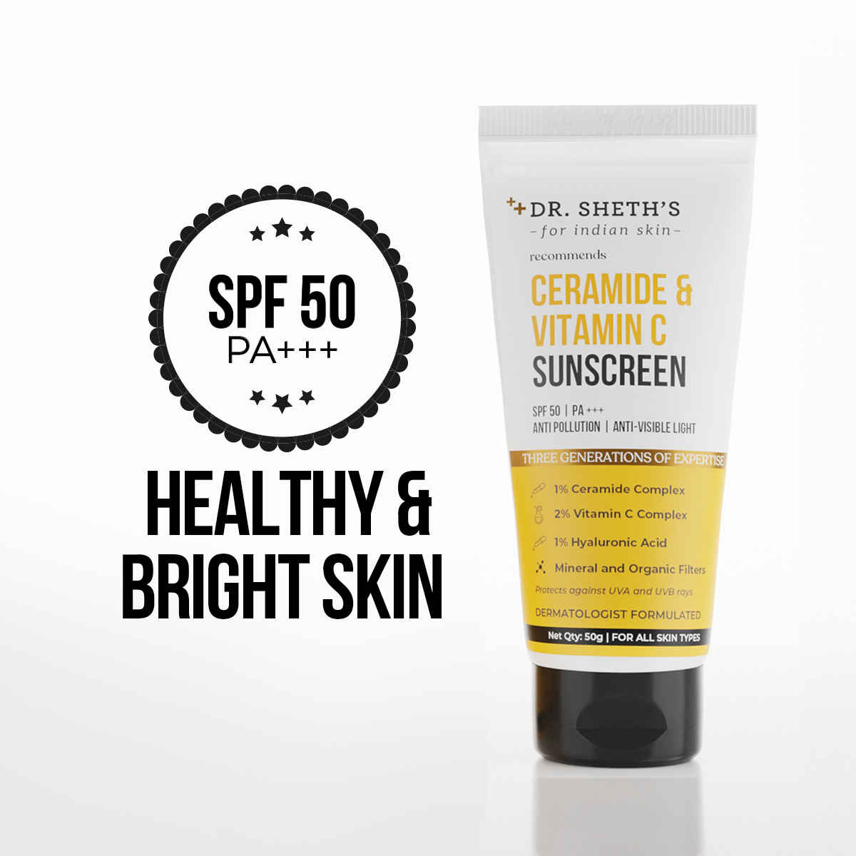 Buy Dr. Sheth's Ceramide & Vitamin C Sunscreen|In-Vivo Tested|SPF 50+ Pa+++|Bright Skin, Healthy Glow|Non-Greasy, Quick-Absorbing|No White Cast|UVA/B, Bluelight Protection|Women & Men|All Skin Types, 50 gm - Purplle