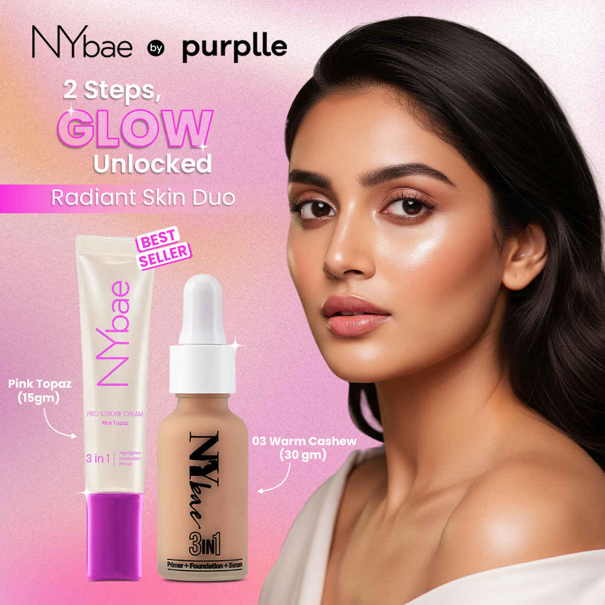 Buy NY Bae Strobe Skin Tint Combo - Medium Skin | Strobe Pink Topaz (12 gm) | Warm Cashew Foundation 03 (30 ml)| Skin Tint | Glowy Korean Skin | Medium Skin Tone | Everyday Makeup Kit - Combo of 2 - Purplle