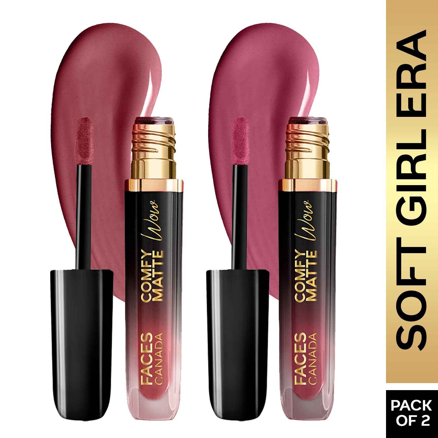 Buy FACES CANADA Comfy Matte Wow Liquid Lipstick - Soft Girl Era, (3.8 ml x 2) | Pink Petal 09 + Mauve Majesty 02 | Long Lasting | Matte Finish | Lipstick Combo | Pack of 2 - Purplle