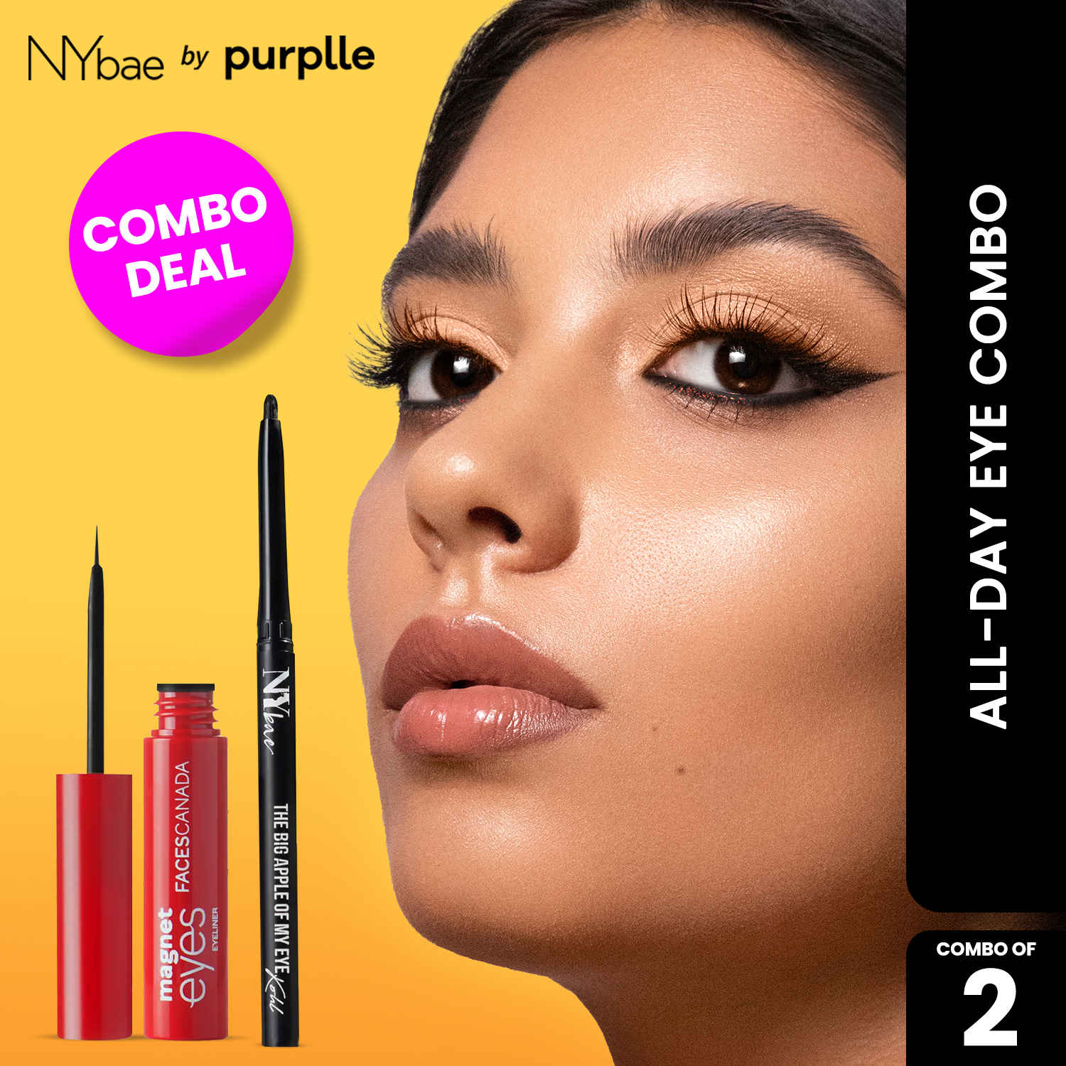 Buy NY Bae X Faces Canada All Day Eye Combo | NY Bae The Big Apple Of My Eyes Kohl Kajal - Black (0.30 gm) | FACES CANADA Magneteyes Eyeliner - Black 3.5 ml | Quick Dry | 24HR Long Lasting | Fine Tip | Waterproof | Smudgeproof - Purplle