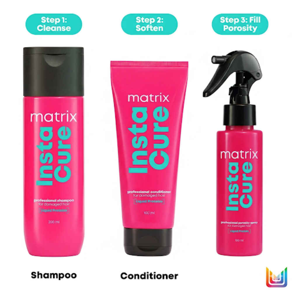 Buy Matrix Insta Cure Professional Liquid Protein Shampoo + Conditioner + Porosity Filling Spray for Damaged Hair| Ditch Damage from the 1st Use*| Reduced Split Ends Breakage Knotting (350ml + 100ml + 100 ml) Combo of 3 - Purplle