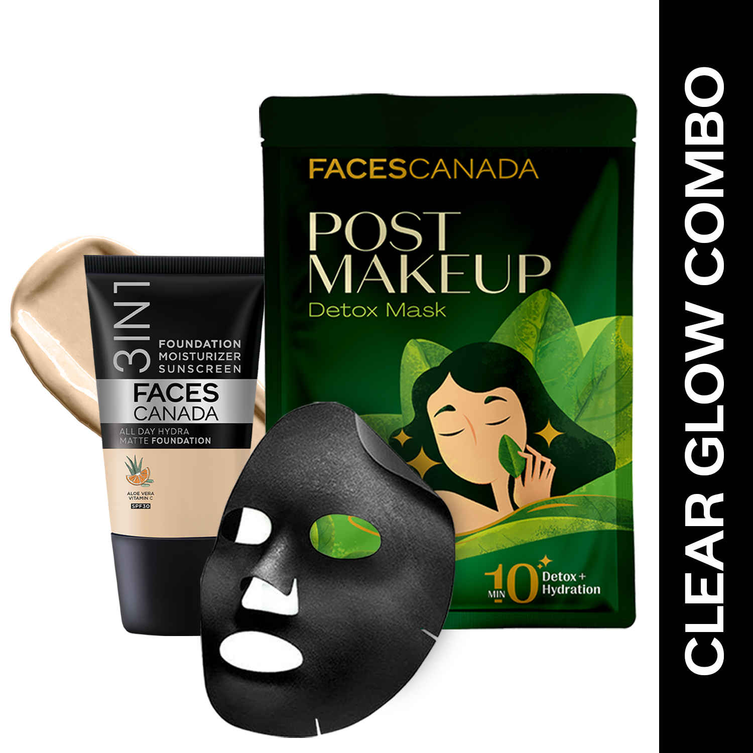 Buy FACES CANADA Clear Glow Combo | Hydra Matte Foundation Mini - Absolute Ivory 012 (18 ml) + Post-Makeup Detox Sheet Mask (25 gm) | Deeply Cleanses Skin | Lightweight | Flawless Makeup Base - Purplle