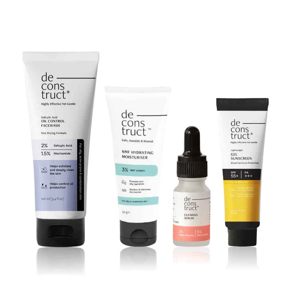 Buy Deconstruct Oil Control & Acne Routine | Salicylic Acid Face Wash (100 ml) + Clearing Serum (10 ml) + Oil-Free Moisturizer (30 gm) + Gel Sunscreen (30 gm) - Purplle