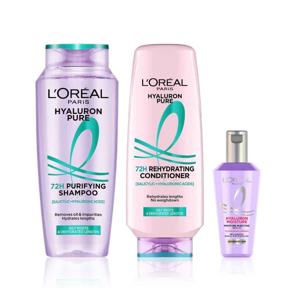 Buy L'Oreal Paris Hyaluron Haircare Jumbo Trio: Hyaluron Pure Shampoo (340 ml)+ Hyaluron Pure Conditioner (340 ml)+ Hyaluron Moisture Hair Serum(80 ml)Haircare kit, Combo of 3 - Purplle