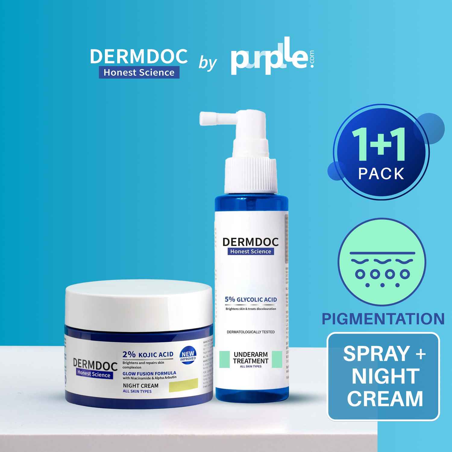Buy DERMDOC Brighten Up Combo Kit (Combo of 2) | 2% Kojic Acid Glow Fusion Formula Night Cream (50 gm) | 5% Glycolic Acid Underarm Brightening Spray Treatment (100 ml) - Purplle
