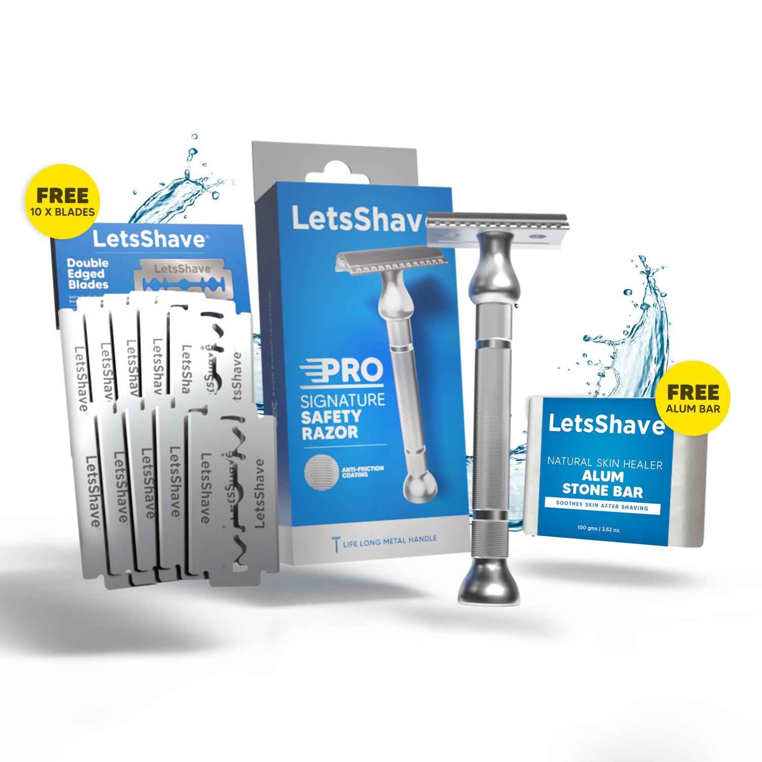 Buy LetsShave Signature Safety Razor – Double Edge Shaver with 10 Blades, Alum & Metal Handle 1 pc - Purplle