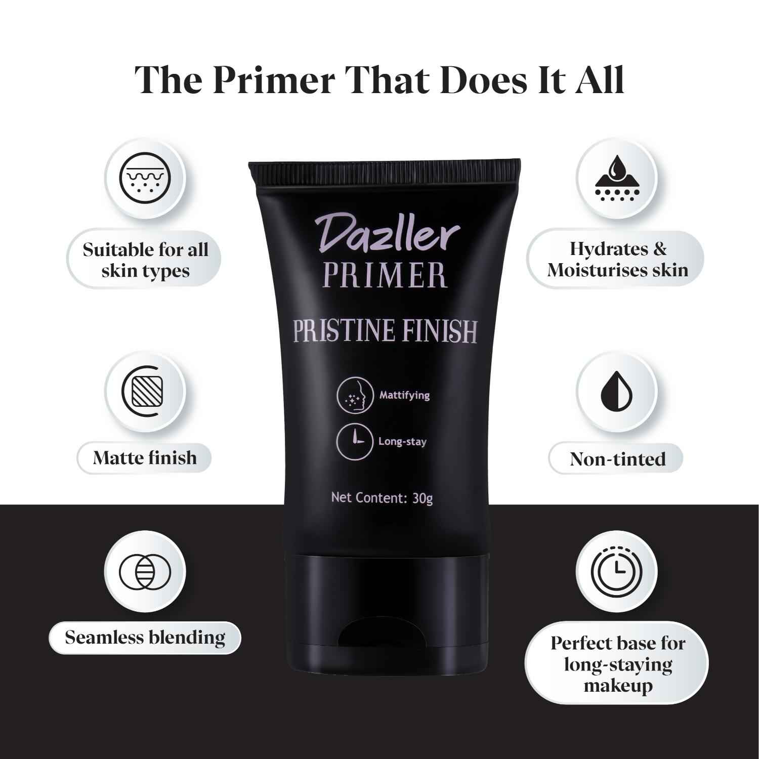 Buy Dazller Primer Pristine Finish | Seamless Blending | Enriched with Natural Extracts & Vitamin E | Long-Lasting | Non-Tinted | Suitable for All Skin Type | 30 gm - Purplle