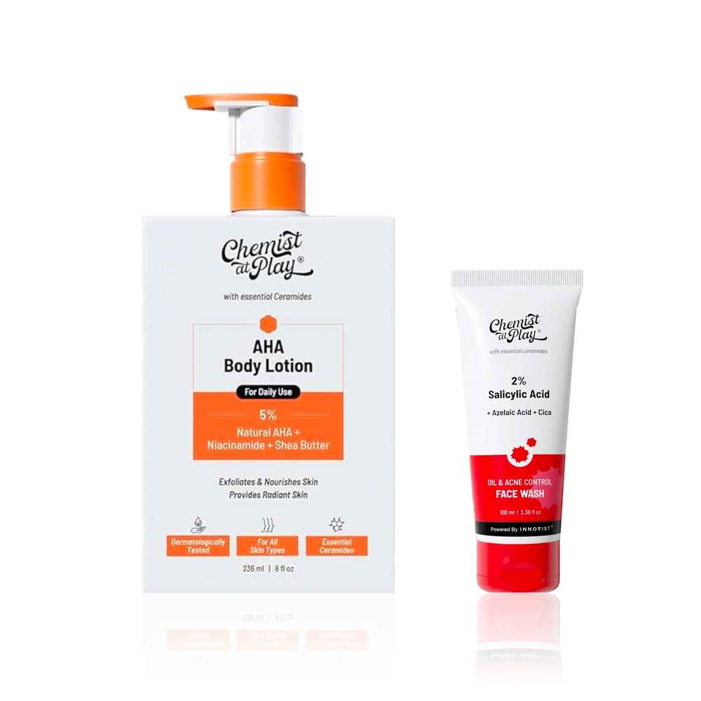 Buy Chemist at Play Acne Care Duo | Combats acne and restores smooth, even skin | Acne Control Face Wash (100 ml) + AHA Body Lotion (236 ml) Combo of 2 - Purplle