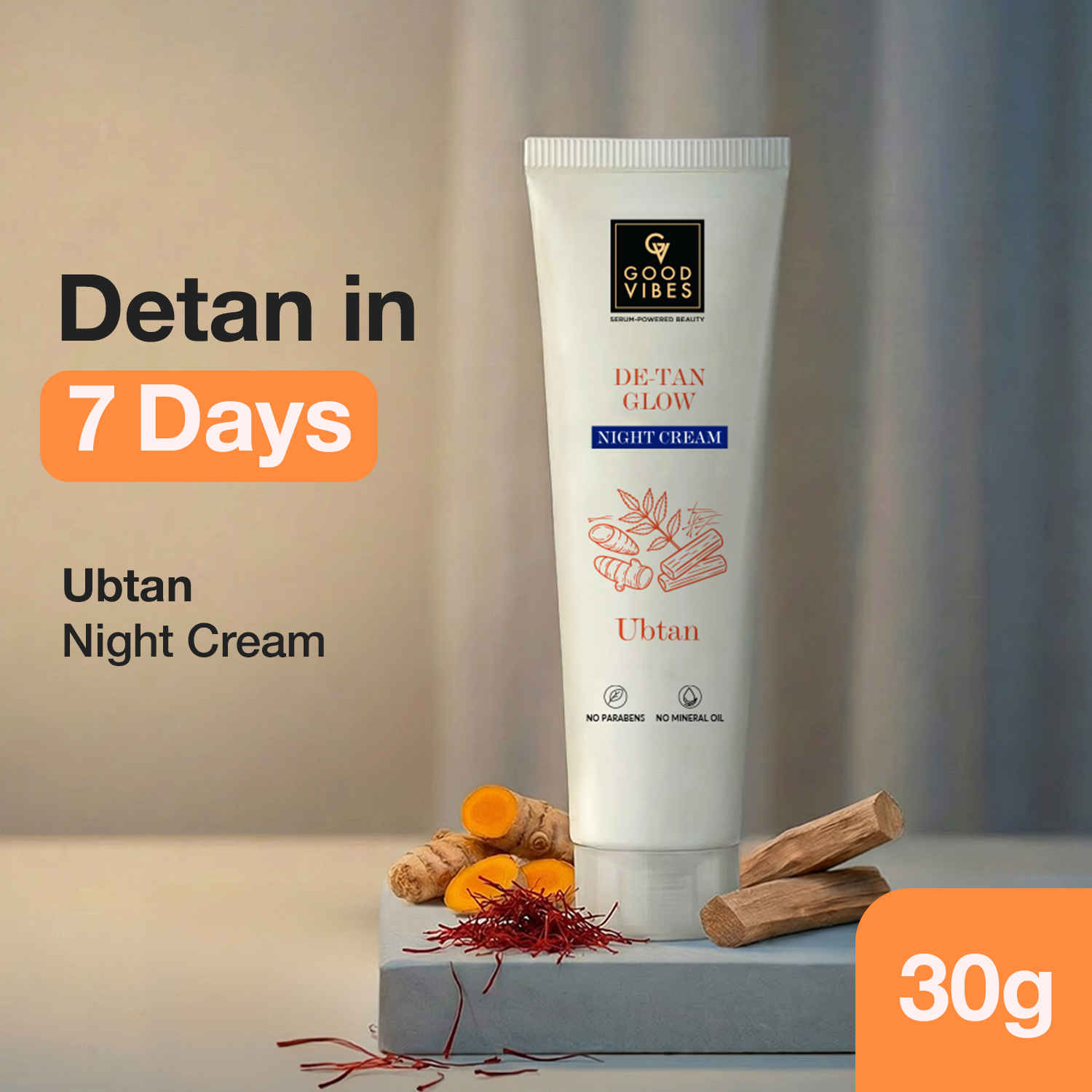 Buy Good Vibes Ubtan De-Tan Glow Night Cream With Serum-Powered Beauty (30 gm) | Brightening & De-Tan Care | Repairs Dull, Tanned Skin | Nourishing Overnight Cream | Turmeric, Saffron & Sandalwood | For Normal to Dry Skin - Purplle