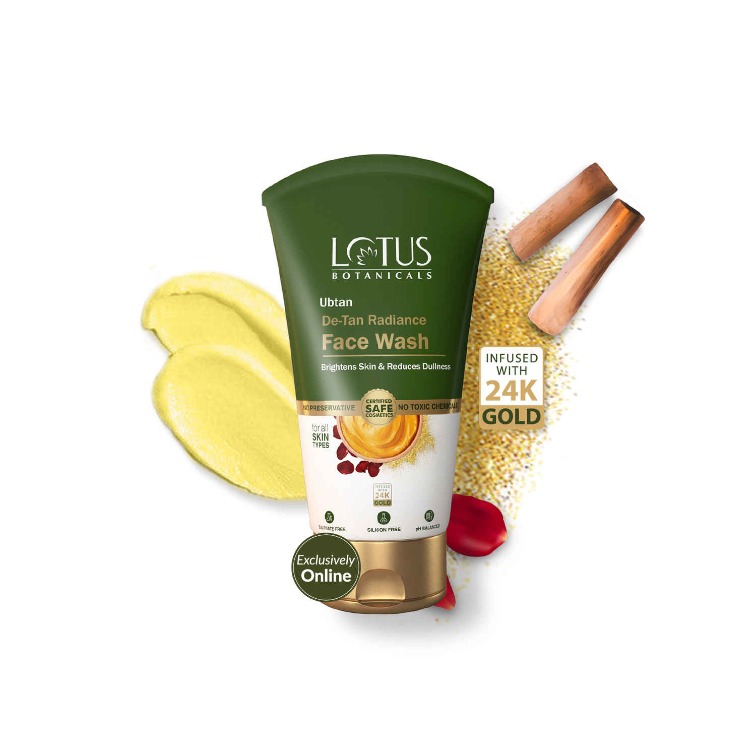 Buy Lotus Botanicals Ubtan De-Tan Radiance Face Wash | Infused with 24K Gold | For Glowing & Rejuvenated Skin, Anti-Tan | No Silicon, No Sulphates, Non-Comedogenic, No Preservatives | 100 ml - Purplle