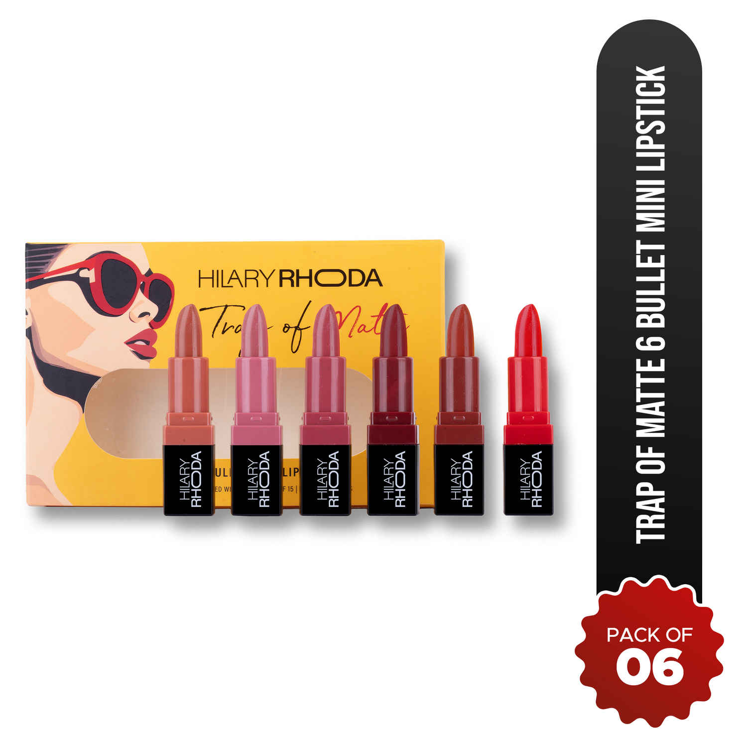 Buy Hilary Rhoda Trap Of Matte 6 Bullet Mini Lipsticks | Infused with SPF 15 | Long-Lasting Formula & Trendy Lipstick Shades | Paraben-Free & Cruelty-Free | Pack of 6 - 1.5 X 6 gm - Purplle