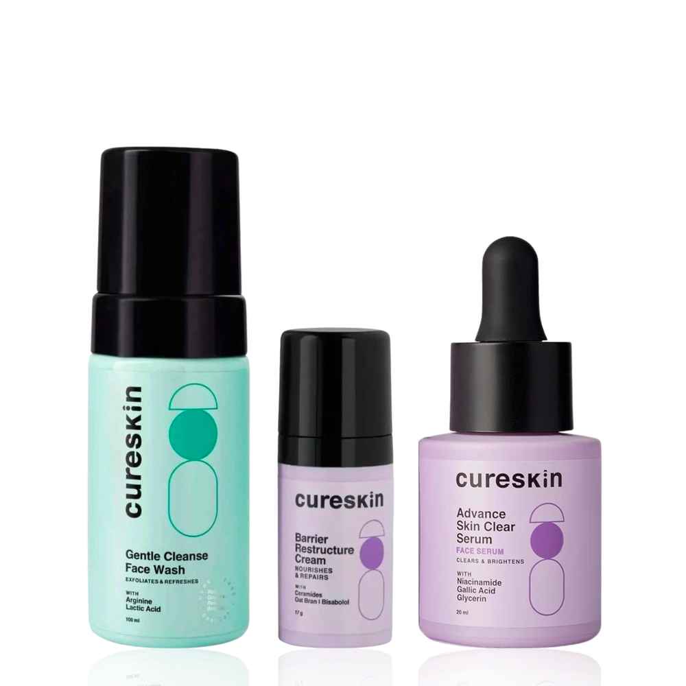 Buy Cureskin Advanced Skin Health Trio | Clear & Brighten with Niacinamide and Gallic Acid Serum, Cleanse with Lactic Acid, and Restore Barrier with Ceramides (100 ml + 20 ml + 17 gm) Combo of 3 - Purplle