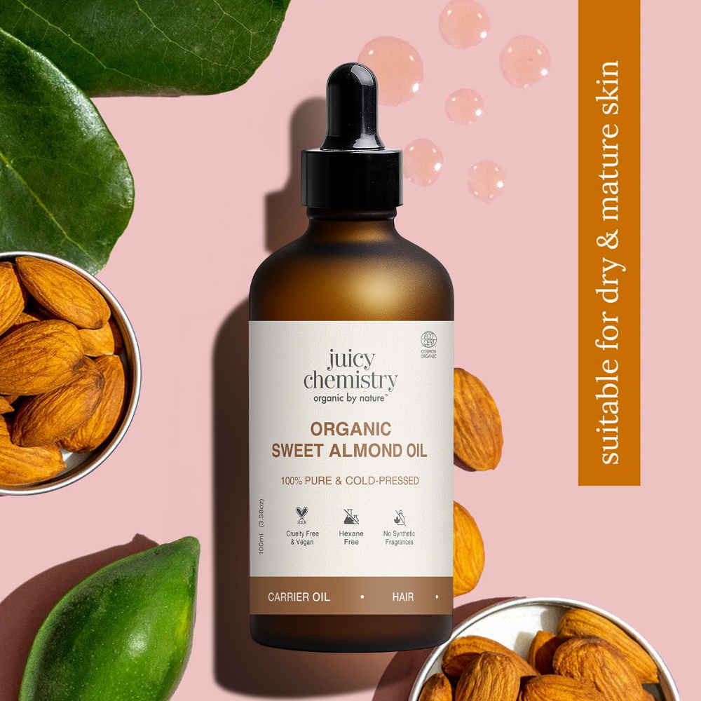 Buy Juicy Chemistry 100% Pure & Organic Sweet Almond Oil, 100 ml | Moisturizes Skin | Nourishes Hair & Supports Sensitive Skin | Cold-Pressed | Certified Organic - Purplle