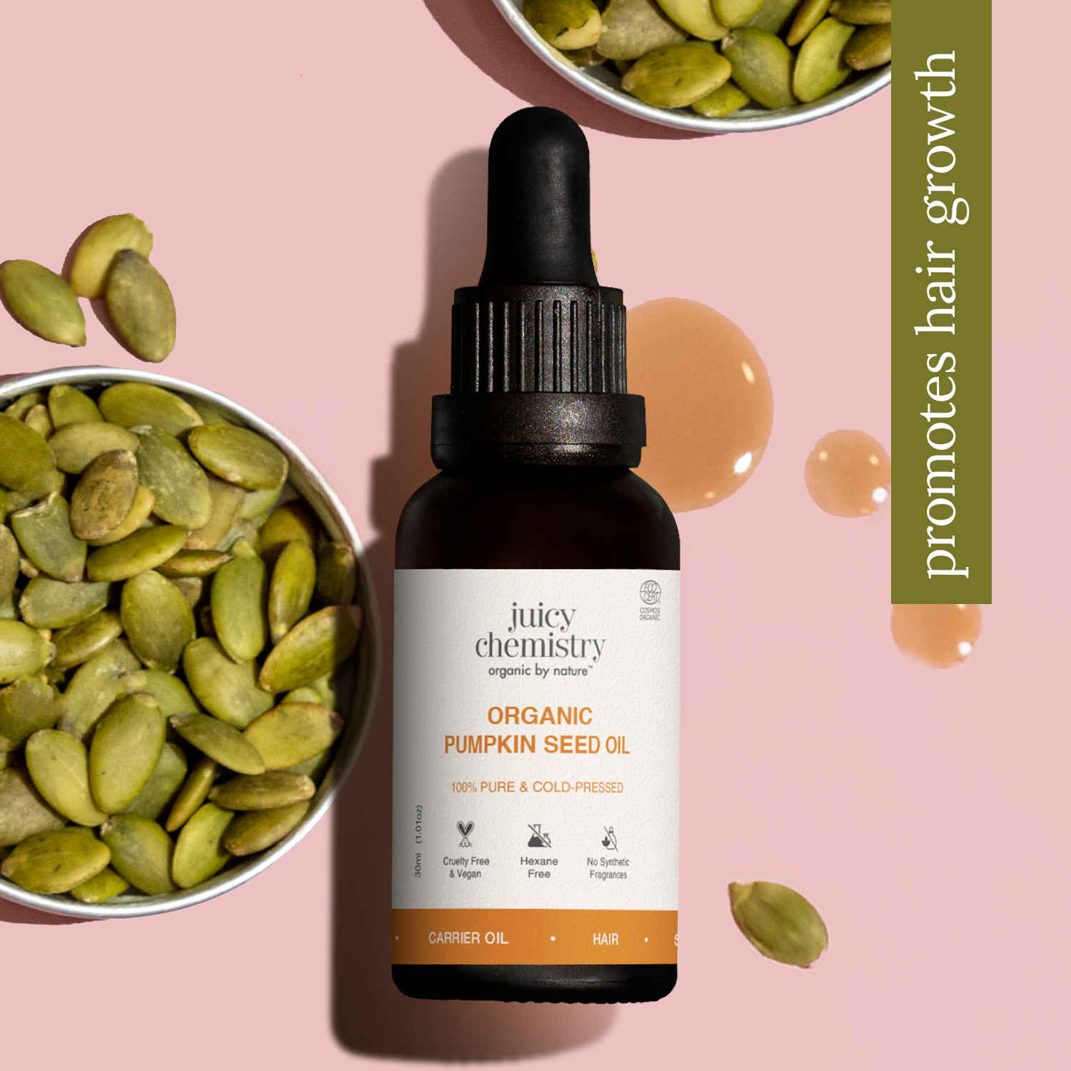Buy Juicy Chemistry Organic Pumpkin Seed Oil, 30 ml | Cold-Pressed & 100% Pure | Nourishes Skin, Hair & Scalp | Anti-Aging | Hydrating & Rich in Antioxidants - Purplle