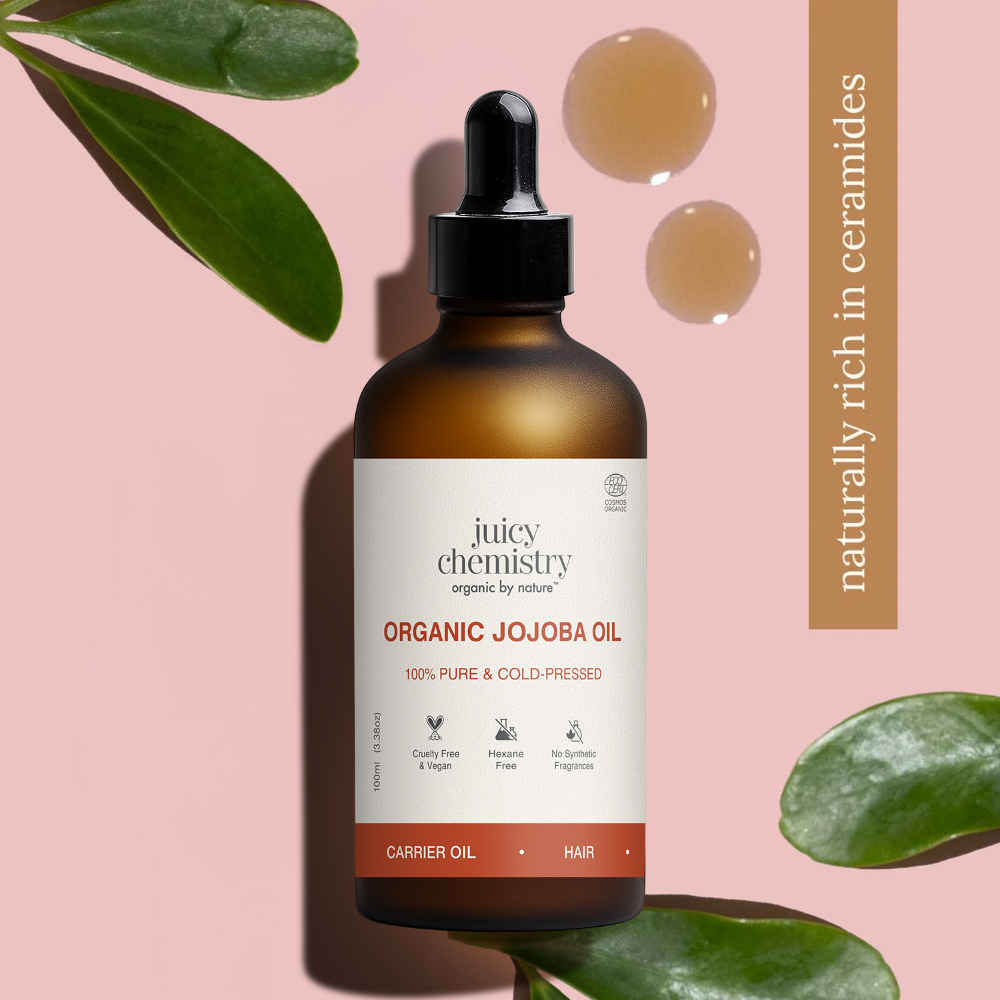 Buy Juicy Chemistry Organic Jojoba Oil, 100 ml | 100% Pure, Cold-Pressed & Certified Organic | Balances Sebum | Controls Acne | Deeply Moisturises Skin & Hair - Purplle