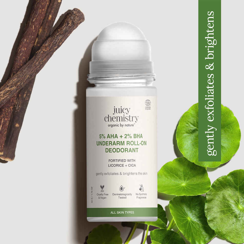 Buy Juicy Chemistry 5% AHA + 2% BHA Underarm Roll-On Deodorant, 50 ml | Fortified with Licorice + Cica | Brightens Dark Underarms | Fights Odour & Smoothens Skin | Alcohol-Free | Aluminium Fress | Certified Organic - Purplle