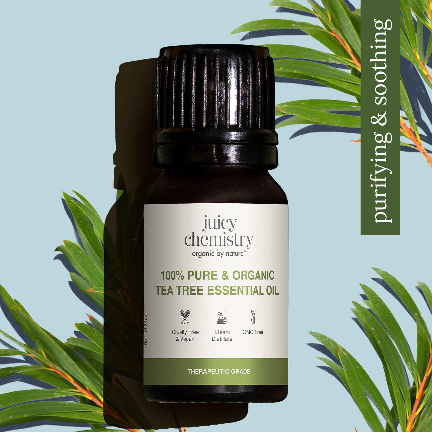 Buy Juicy Chemistry 100% Pure & Organic Tea Tree Essential Oil, 10 ml | Antibacterial & Anti-Acne Oil for Skin, Hair & Scalp | Certified Organic | Steam-Distilled - Purplle
