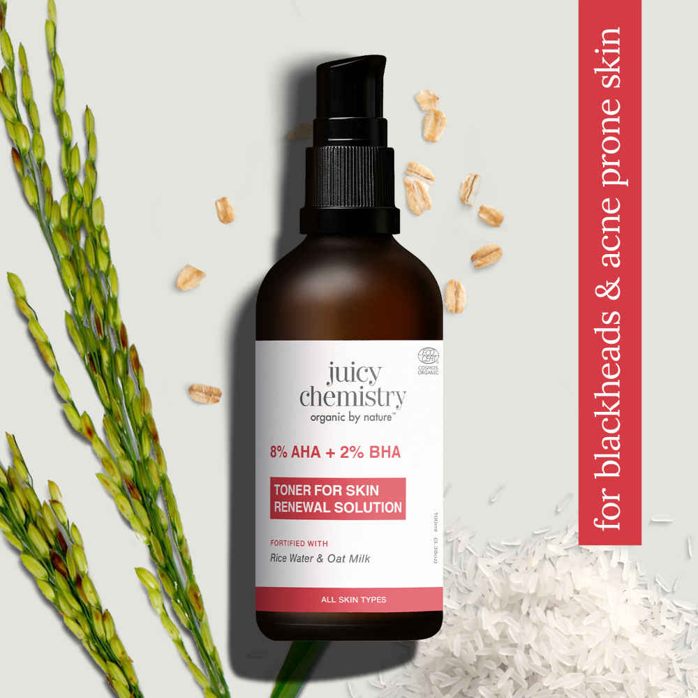Buy Juicy Chemistry 8% AHA + 2% BHA Toner Fortified with Rice Water & Oat Milk, 100 ml | Exfoliating & Pore-Refining Toner | Gives Smooth, Clear, and Glowing Skin | Certified Organic & Alcohol-Free | For Men & Women - Purplle