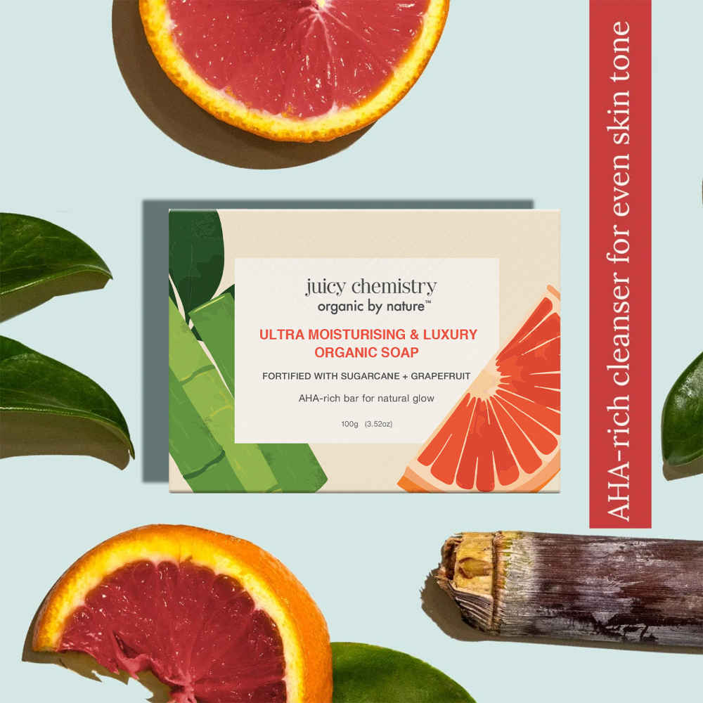 Buy Juicy Chemistry Ultra Moisturising & Luxury Organic Soap Fortified with Sugarcane & Grapefruit, 100 gm | Brightening & Hydrating Natural Soap - Purplle