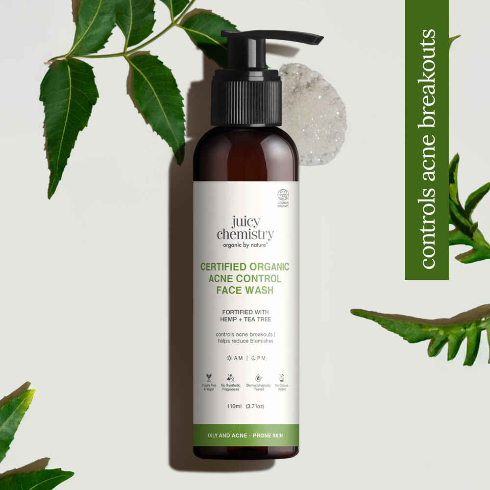 Buy Juicy Chemistry Certified Organic Acne Control Face Wash with Hemp & Tea Tree, 110 ml | Fades Dark Spots | Evens Skin Tone & Restores Glow | Certified Organic, Sulphate-Free & Gentle Cleanser | For Men & Women - Purplle