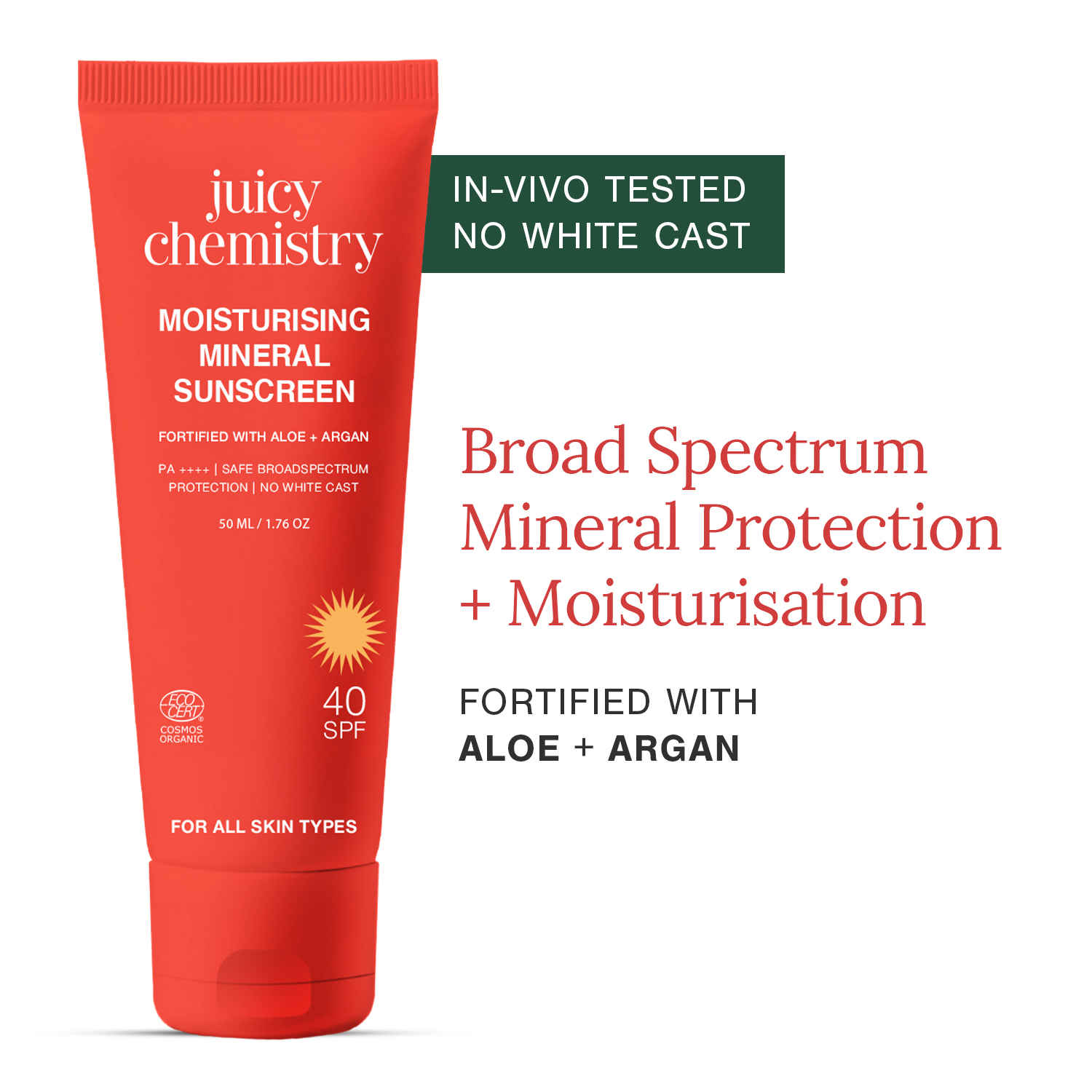 Buy Juicy Chemistry Moisturising Mineral Sunscreen, 50 ml | In - Vivo Tested SPF 40 & PA ++++ | With Aloe + Argan | Broadspectrum | No White Caste | Sheer Finish | Kids Safe (2+ years) & Preganancy Friendly | For All Skin Types - Purplle