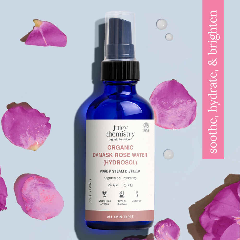 Buy Juicy Chemistry Organic Damask Rose Water (Hydrosol), 50 ml | 100% Pure Steam Distilled Toner | Hydrates | Soothes & Balances Skin | Certified Organic, Alcohol-Free Face Mist | For Men & Women - Purplle