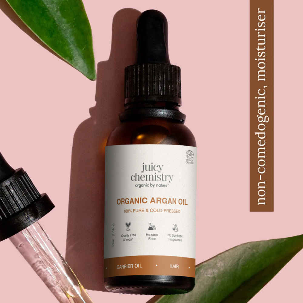Buy Juicy Chemistry Organic Argan Oil, 30 ml | 100% Pure, Cold-Pressed & Certified Organic | Deeply Moisturises Skin | Strengthens Hair | Controls Frizz & Adds Shine - Purplle
