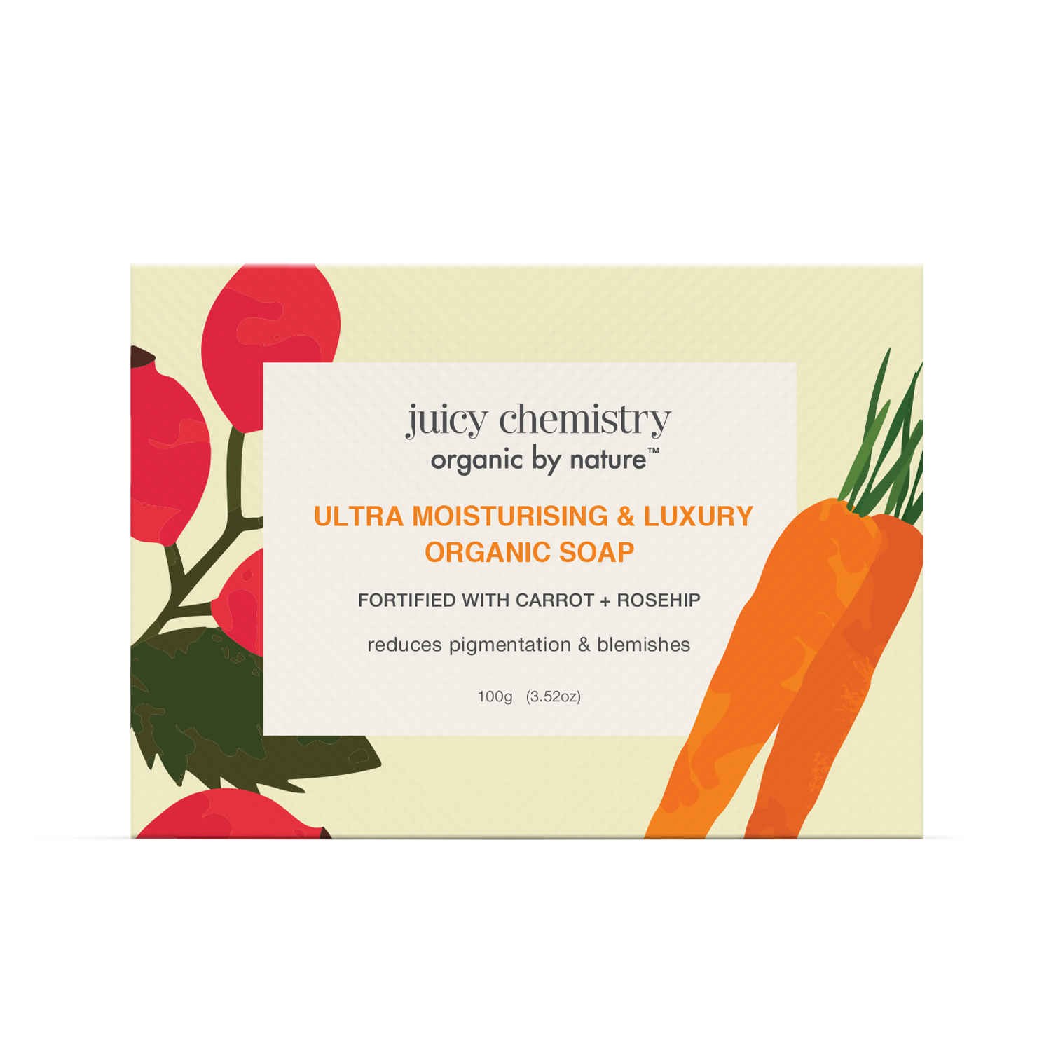 Buy Juicy Chemistry Ultra Moisturising & Luxury Organic Soap Fortified with Carrot & Rosehip, 100 gm | Brightening & Hydrating Natural Soap - Purplle