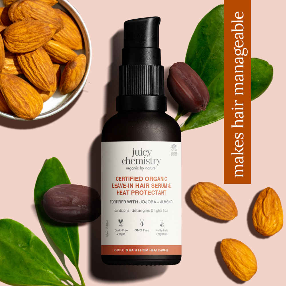 Buy Juicy Chemistry Certified Organic Leave-in Hair Serum & Heat Protectant Fortified with Jojoba & Almond, 30 ml | Smoothens | Nourishes & Protects Hair - Purplle