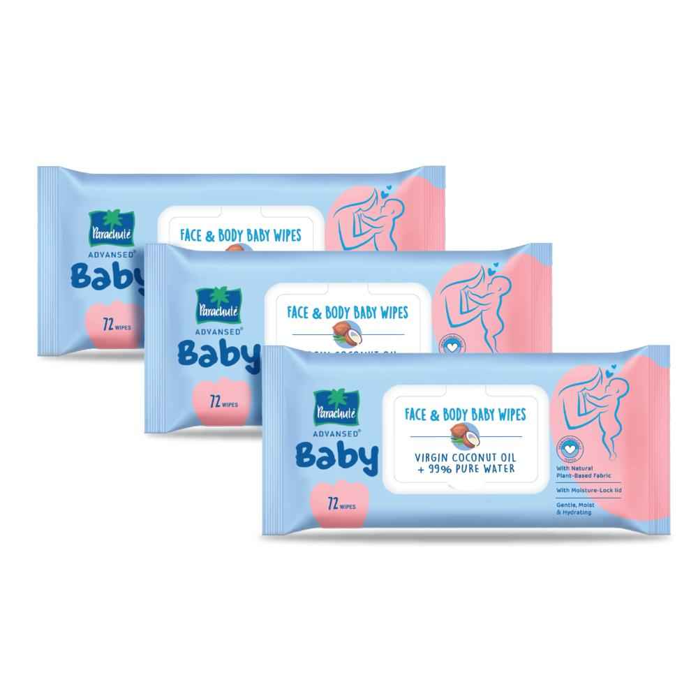 Buy Parachute Baby Advansed|Face & Body Baby Wipes|Virgin Coconut Oil & 99% Pure Water|Dermatologically Tested & pH Balanced|Moisture-lock Lid|72 wipes * Pack of 3 - Purplle