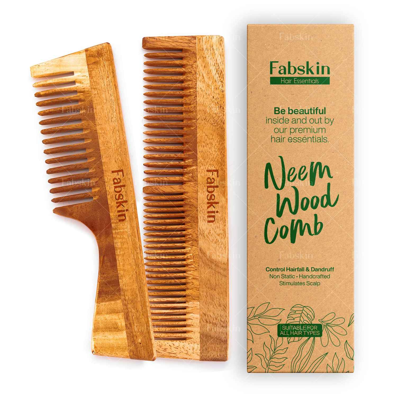 Buy Fabskin Neem Wooden Comb For Men & Women | Set Of 2 | Graduated & Handle Hair Comb | For All Hair Types - Purplle