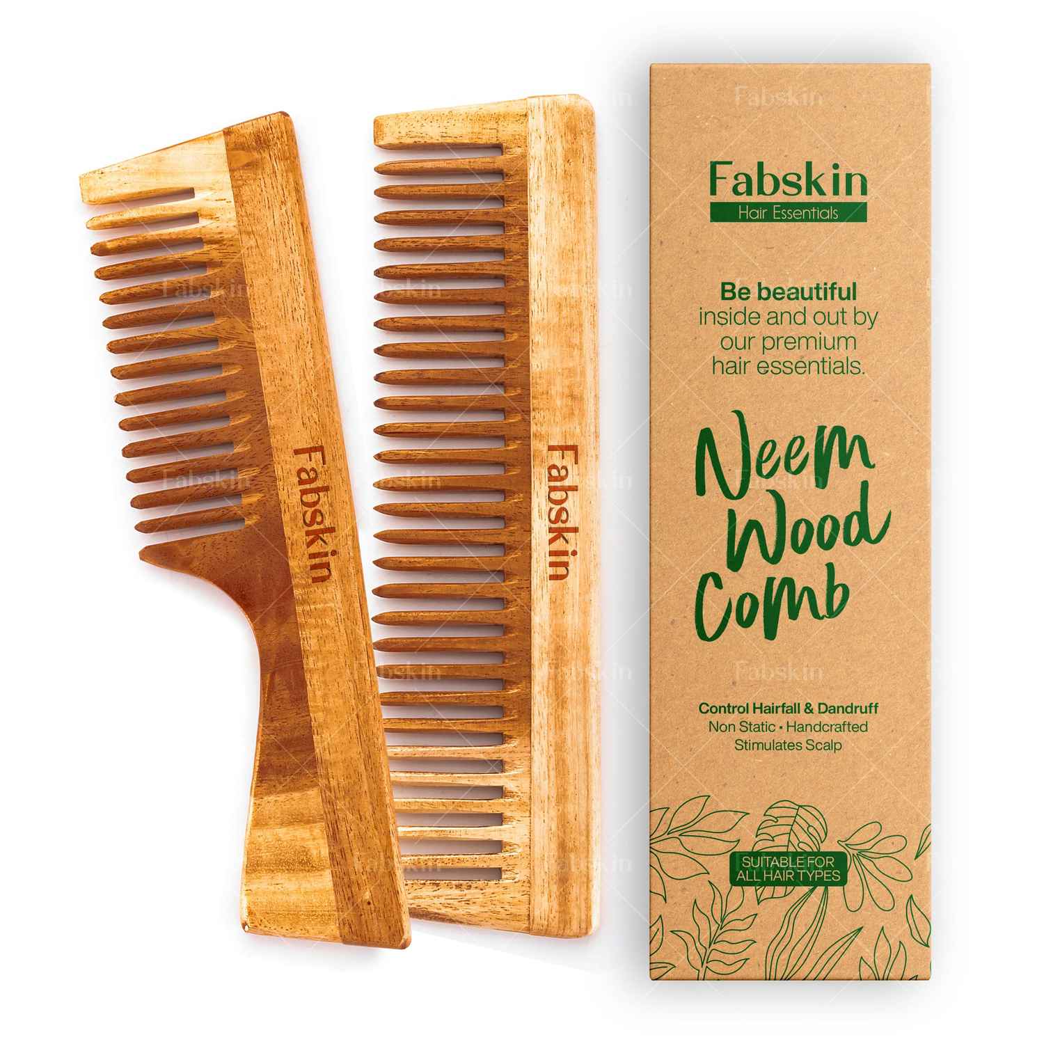 Buy Fabskin Neem Wooden Comb For Men & Women | Set Of 2 | Wide Tooth & Handle Hair Comb | For All Hair Types - Purplle