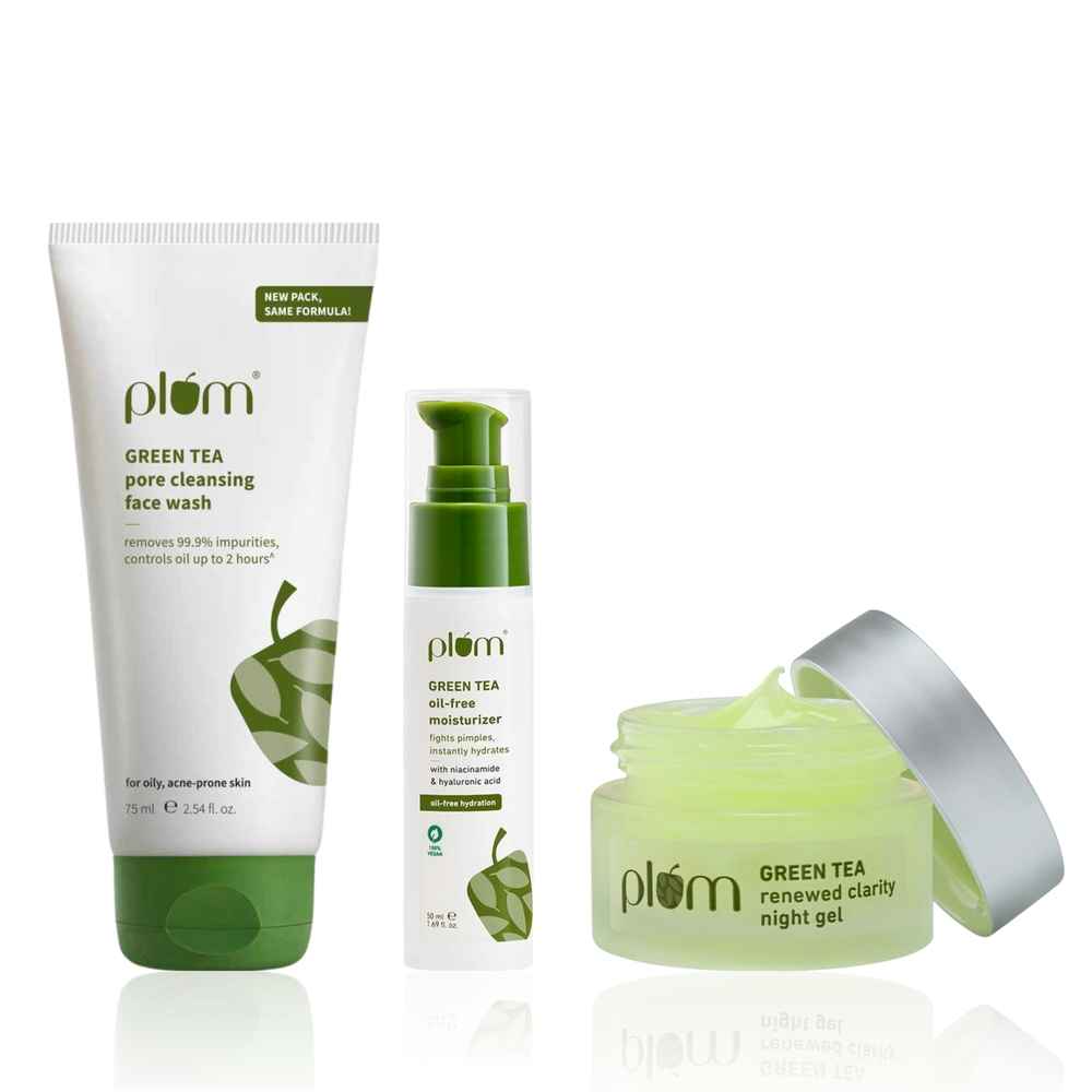 Buy Plum Green Tea AM to PM Combo of 3 - Face wash 75 ml, Moisturizer 50 ml, Night Gel 15 ml - Skincare Kit - Purplle