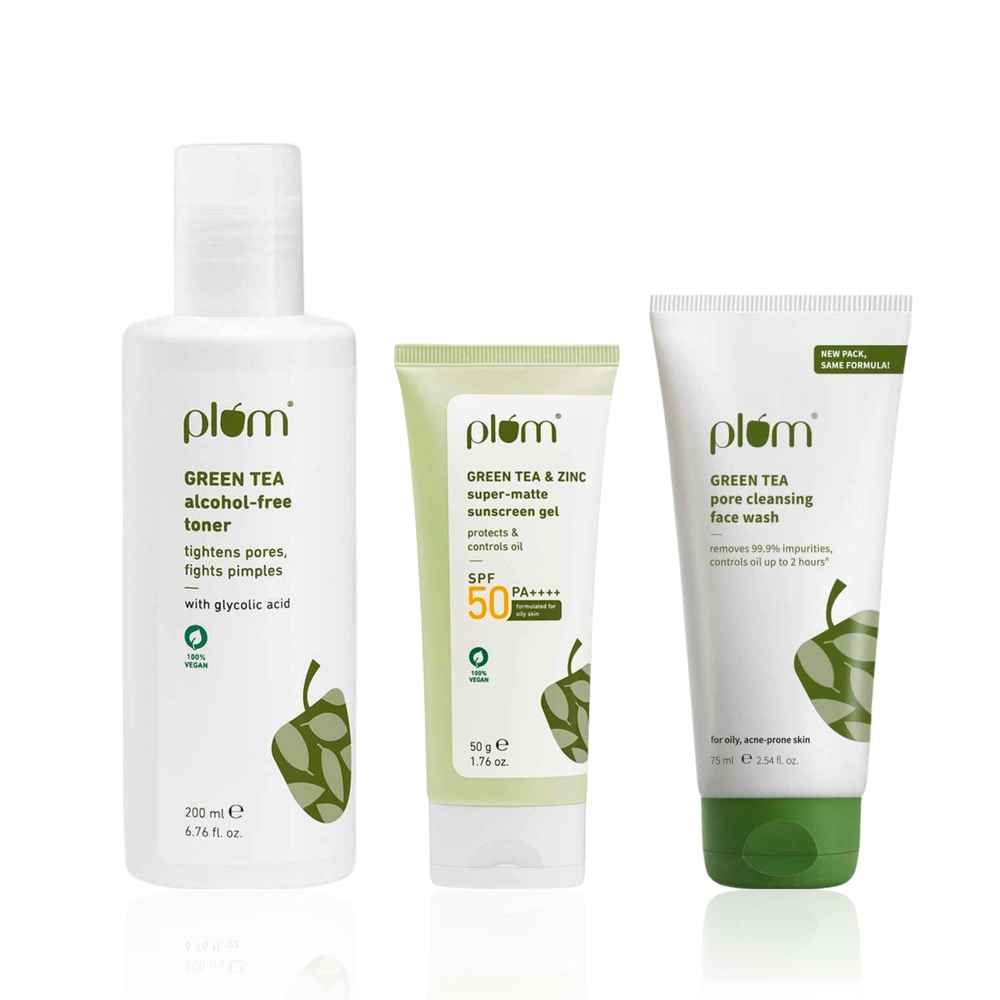 Buy Plum Green Tea Tone and Protect Combo of 3 - Face wash 75 ml, Toner 200 ml, Sunscreen Gel 50 gm - Skincare Kit - Purplle