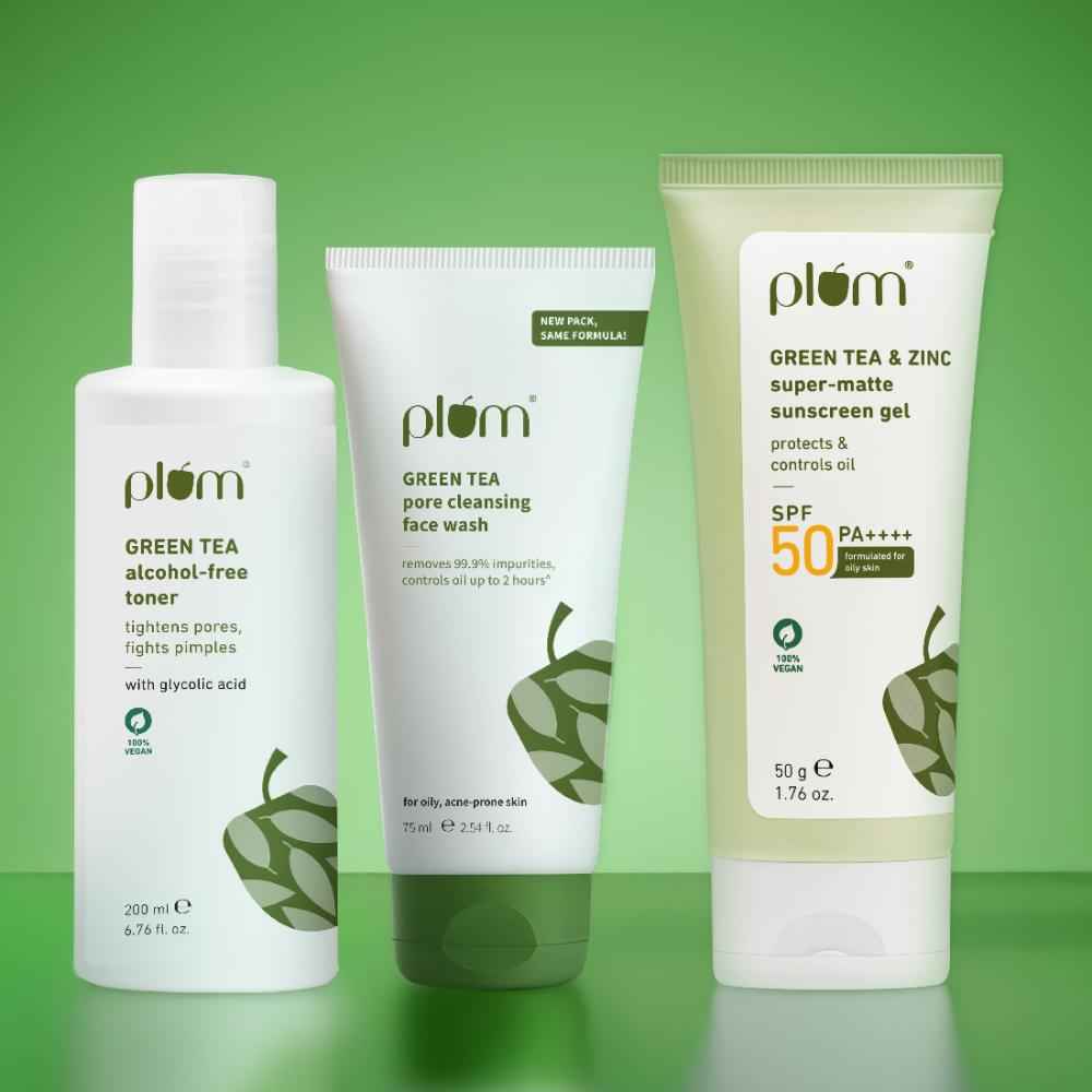 Buy Plum Green Tea Tone and Protect Combo of 3 - Face wash 75 ml, Toner 200 ml, Sunscreen Gel 50 gm - Skincare Kit - Purplle