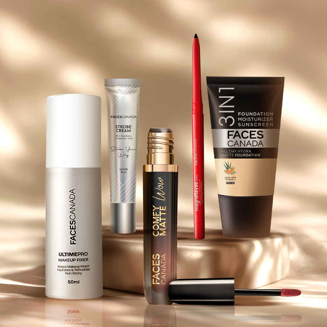 Buy Faces Canada Flawless Finish Kit (Ultime Pro Makeup Fixer 50 ml + Strobe Cream Mini- Silver (18 gm) + All Day Hydra Matte Foundation - Mini + Comfy Matte Wow Liquid Lipstick - Choco Couture + Magneteyes Kajal - Black) Combo of 5 - Purplle