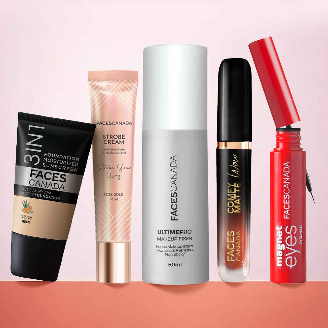 Buy Faces Canada Glow On Point Kit (Ultime Pro Makeup Fixer 50 ml + Strobe Cream Mini- Rose Gold (18 gm) + All Day Hydra Matte Foundation - Mini + Comfy Matte Wow Liquid Lipstick - Cocoa Crush + Magneteyes Eyeliner - Black) Combo of 5 - Purplle
