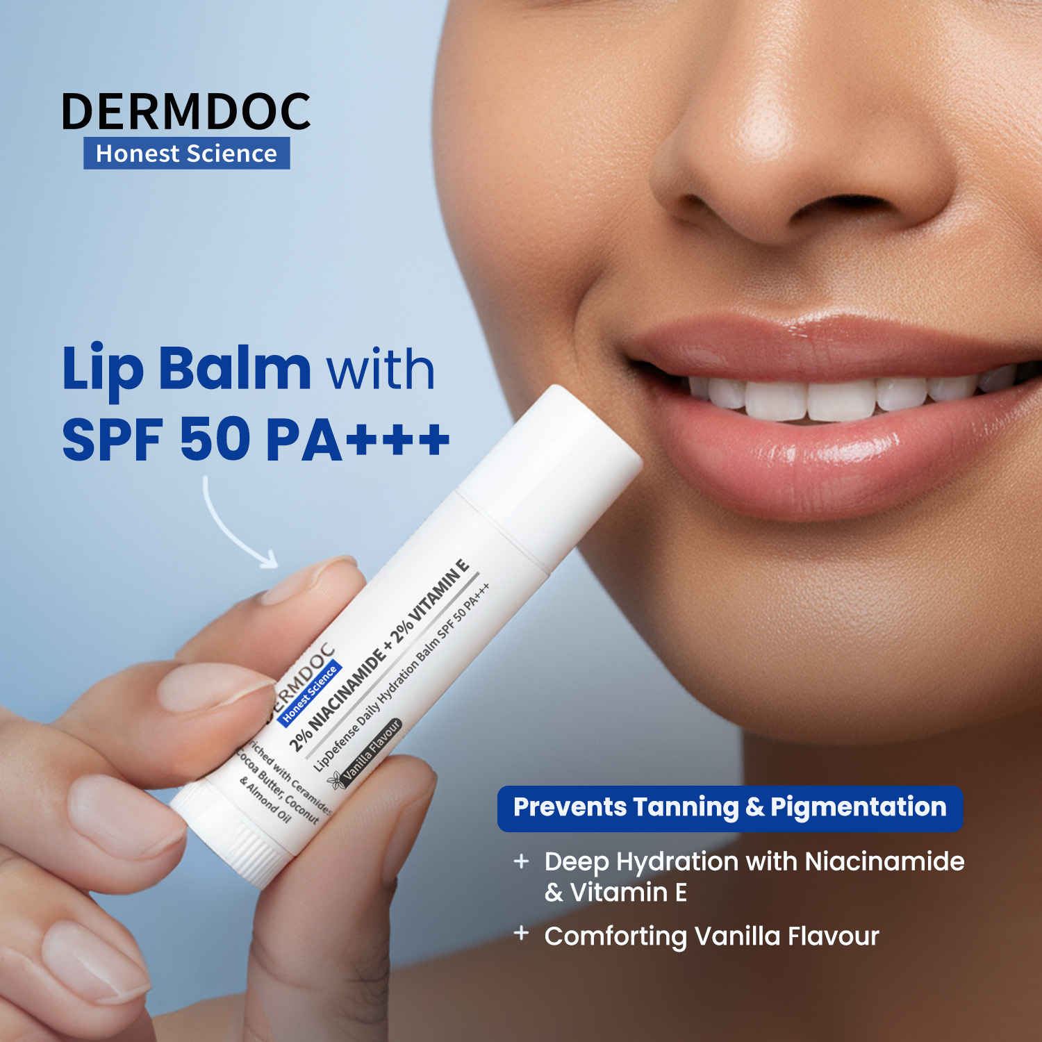 Buy DermDoc 2% Niacinamide + 2% Vitamin E Vanilla Lip Defense Lip Balm SPF 50 PA+++ | Hydrates, Repairs & Protects Dry, Chapped Lips | UV Defense + 4 Hr Water Resistance | Deep Moisturization Coconut & Almond Oil - 4 gm - Purplle