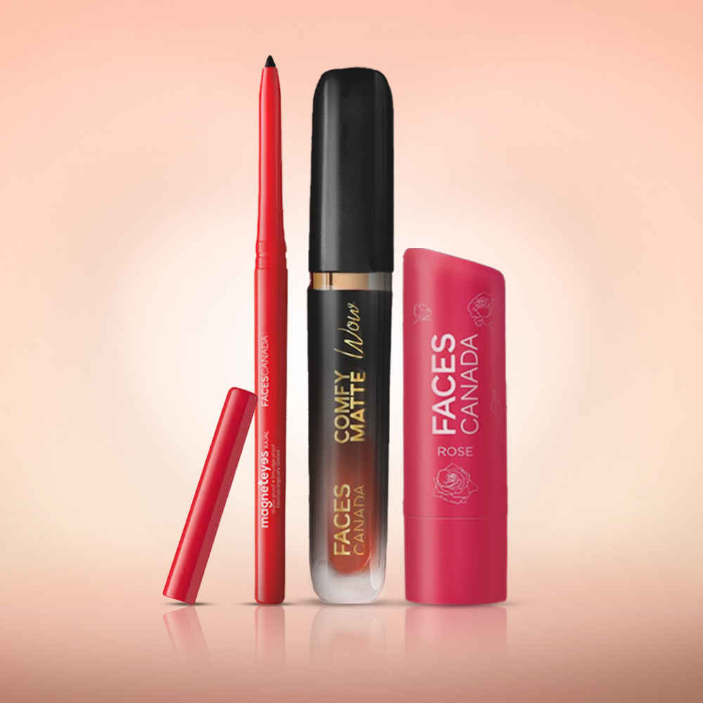 Buy Faces Canada On-the-Go Glow Combo Makeup Kit (Comfy Matte Wow Liquid Lipstick - Cocoa Crush + Color Lip Balm - Rose Petal + Magneteyes Kajal - Black) combo of 3 - Purplle