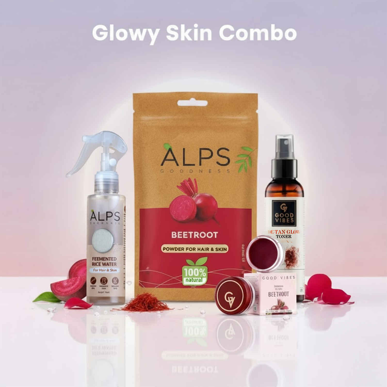 Buy Alps Goodness X Good Vibes Glowy Skin Combo | Alps Goodness Fermented Rice Water (100 ml) | Alps Goodness Beetroot Powder (50 gm) | Good Vibes Ubtan Insta Glow Toner (120 ml) | Good Vibes Beetroot Plumping Lip Balm 5.5 gm Combo of 4 - Purplle