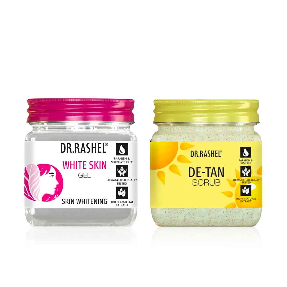 Buy Dr.Rashel De-Tan Face & Body Scrub + Skin Whitening Gel Combo | Tan Removal & Brightening for All Skin Types | Deep Exfoliation, Hydration & Glow Boost | Complete Skincare Duo (380 ml + 380 ml) - Combo of 2 - Purplle