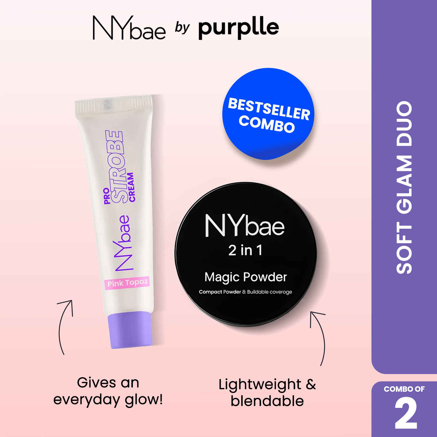 Buy NY Bae Soft Glam Duo (Combo of 2) | Pro Strobe Cream in Pink Topaz (10 gm) | 2 in 1 Magic Compact Powder (9 gm) - Purplle