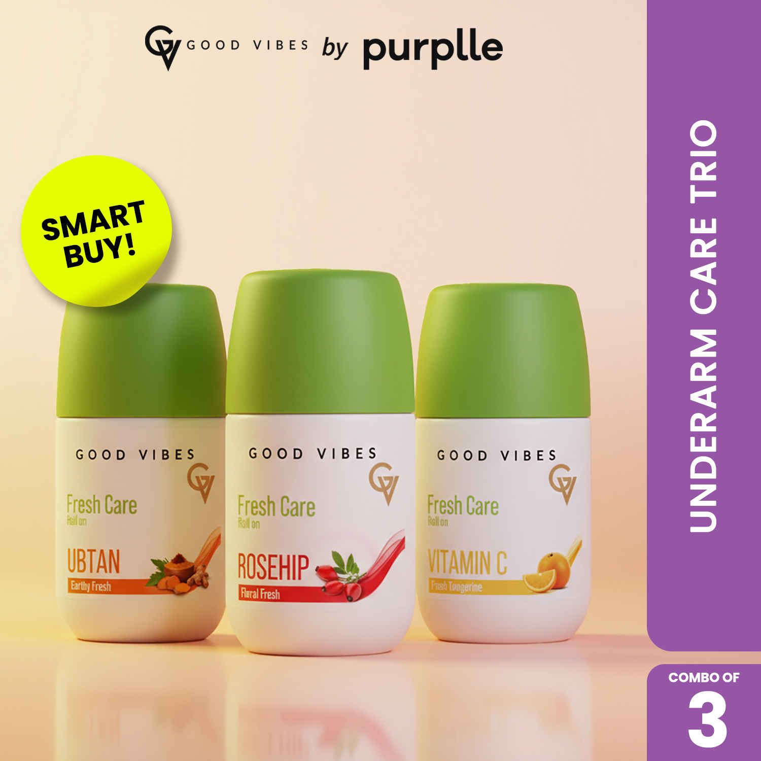 Buy Good Vibes Underarm Care Trio (Combo of 3) | Fresh Care Rosehip Underarm Roll On in Floral Fresh | Fresh Care Ubtan Underarm Roll On in Earthy Fresh | Fresh Care Vitamin C Underarm Roll On in Fresh Tangerine (50 ml x 3) - Purplle