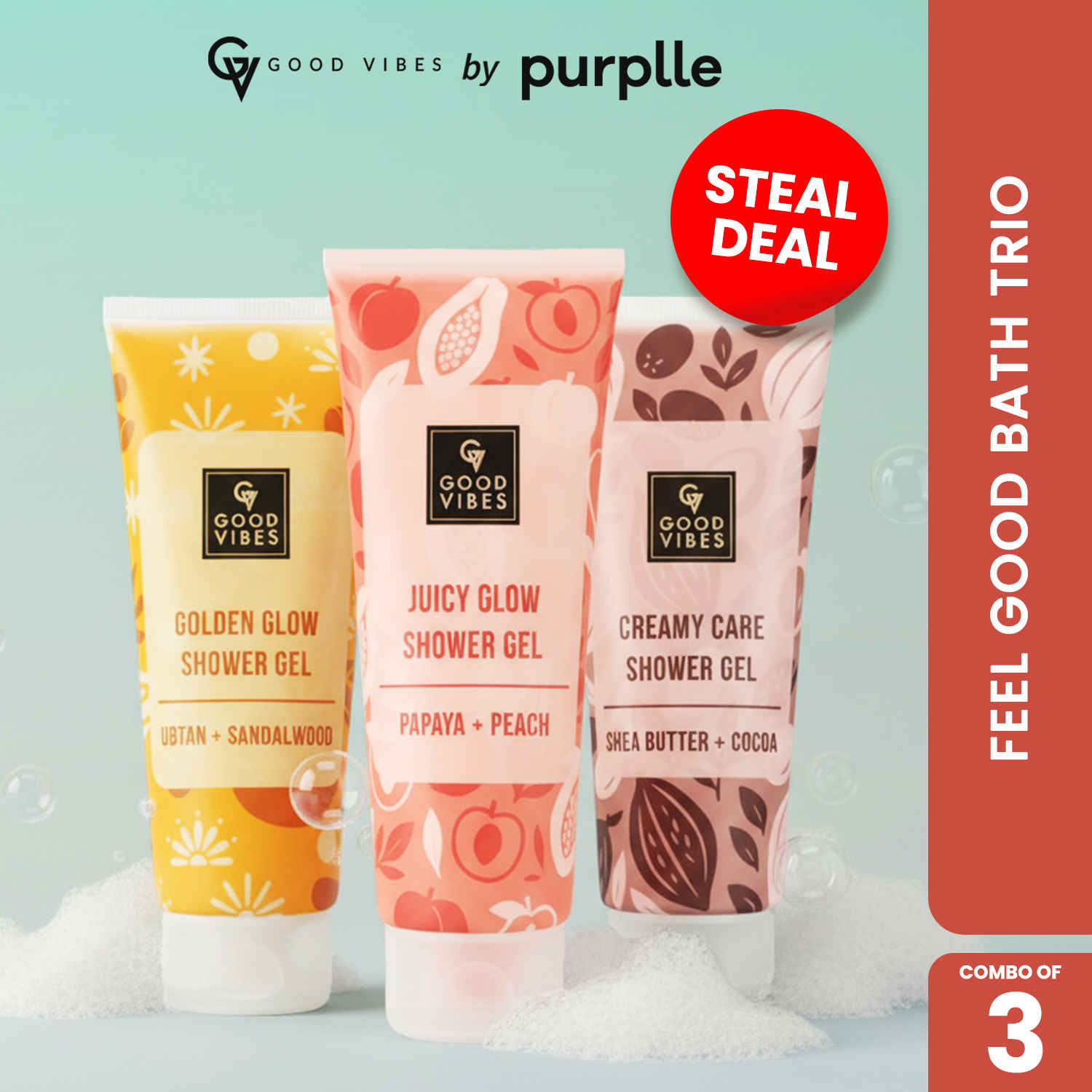 Buy Good Vibes Feel Good Bath Trio (Combo of 3) | | Papaya & Peach Juicy Glow Shower Gel | Shea Butter & Cocoa Creamy Care Shower Gel | Ubtan & Sandalwood Shower Gel | (200 ml x 3) - Purplle