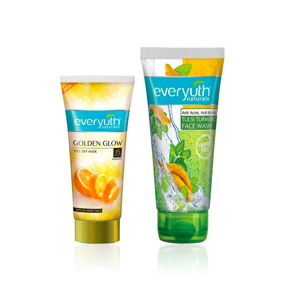 Buy Everyuth Naturals Tulsi & Turmeric Anti Acne Face Wash + Golden Glow Peel-Off Mask Combo | 24K Gold, Tulsi & Turmeric | Fights Acne, Reduces Marks & Adds Instant Radiance | Clear & Glowing Skin Duo (150 gm + 100 gm) - Combo of 2 - Purplle