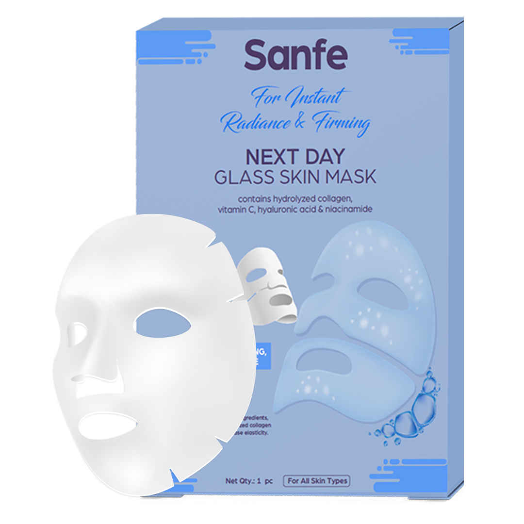 Buy Sanfe Next Day Glass Skin Mask | For deep hydration, firming, pore minimizing, detan & radiance | Turns Transparent, contains hydrolyzed collagen, vitamin C & niacinamide | For all skin type - 1 mask (1 pc) - Purplle