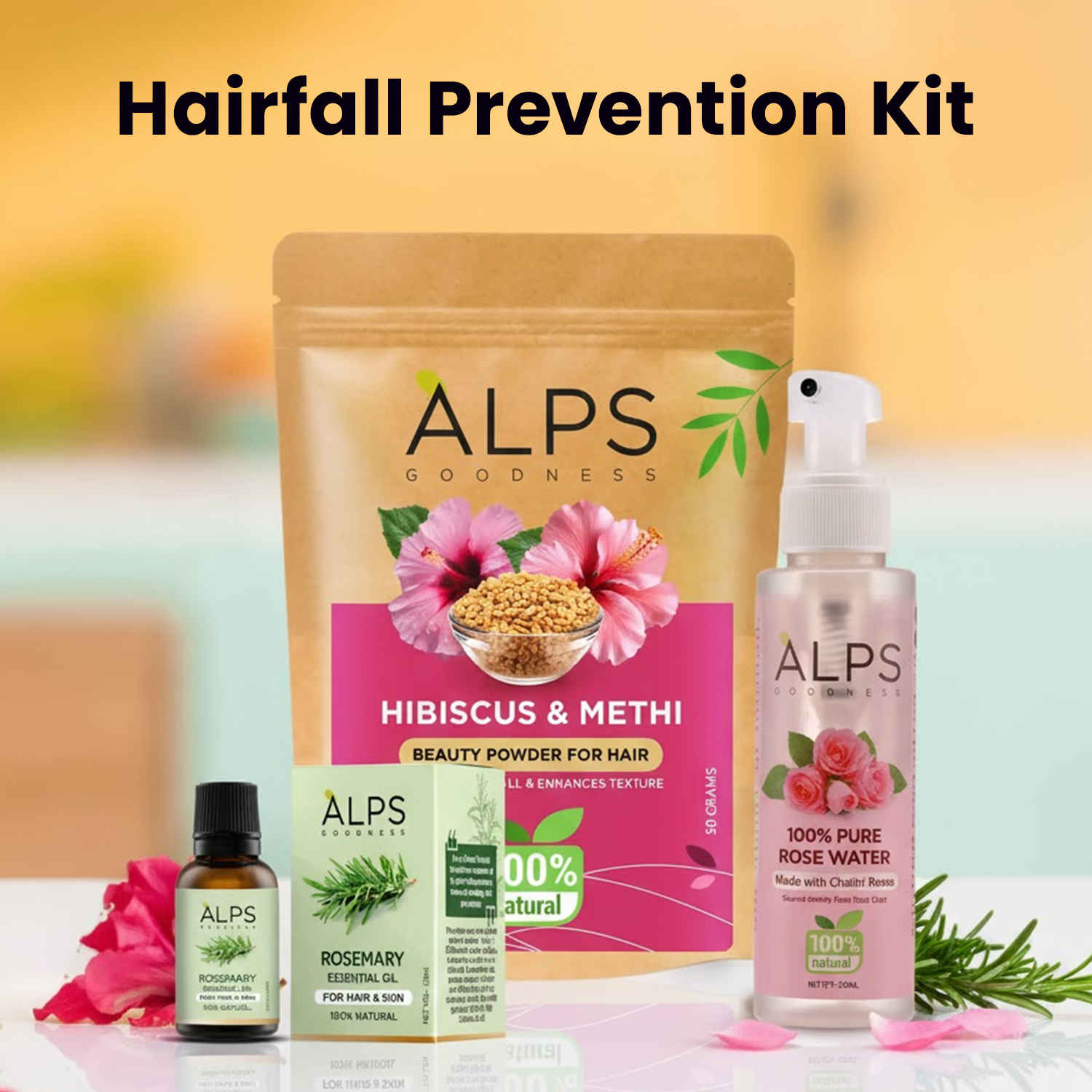 Buy Alps Goodness Hairfall Prevention Kit | Hibiscus & Methi Powder (50 gm) | Rosemary Essential Oil (30 ml) | Pure Rose Water Spray (100 ml) Combo of 3 - Purplle